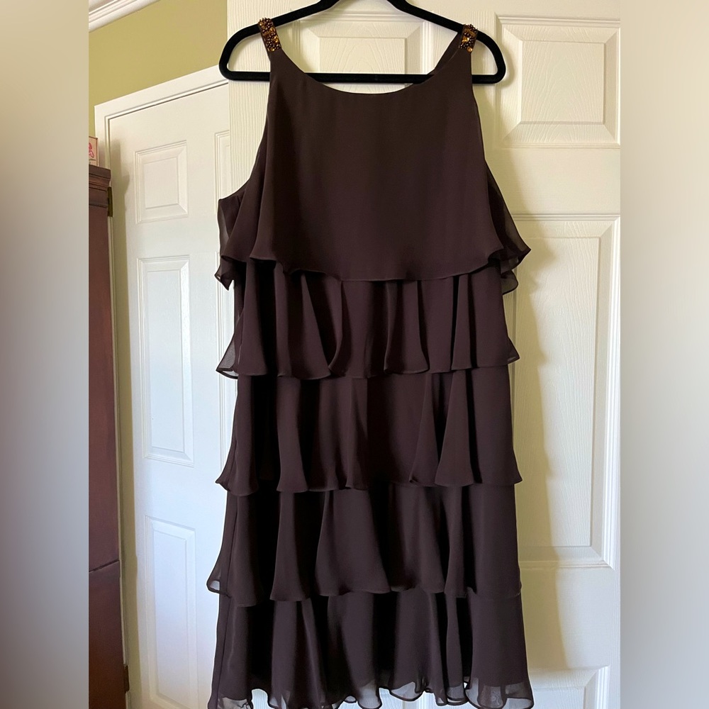 Chocolate brown ruffle dress with beaded straps